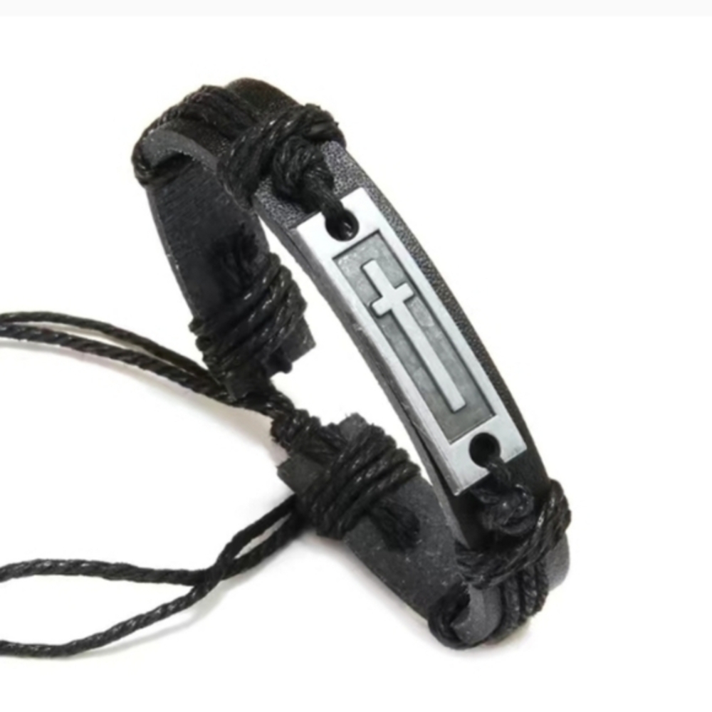 Vintage‎ Religious Christian Genuine Leather Adjustable Black Cross Men Womens